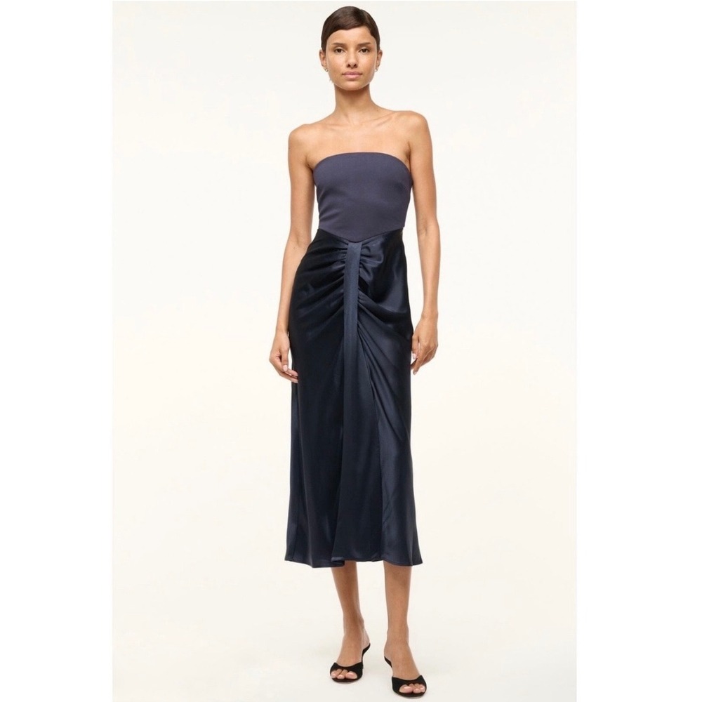 STAUD Wayfaring Strapless Mixed-Media Midi Dress Navy NWT SZ 14